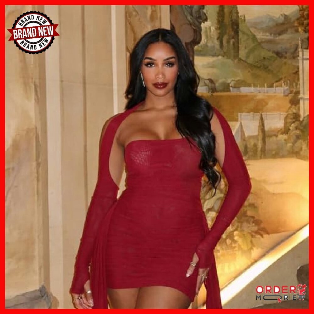 Strapless Mesh Mini Dress Bodycon Ruched Side Ribbons Bandage - Picture 6 of 8